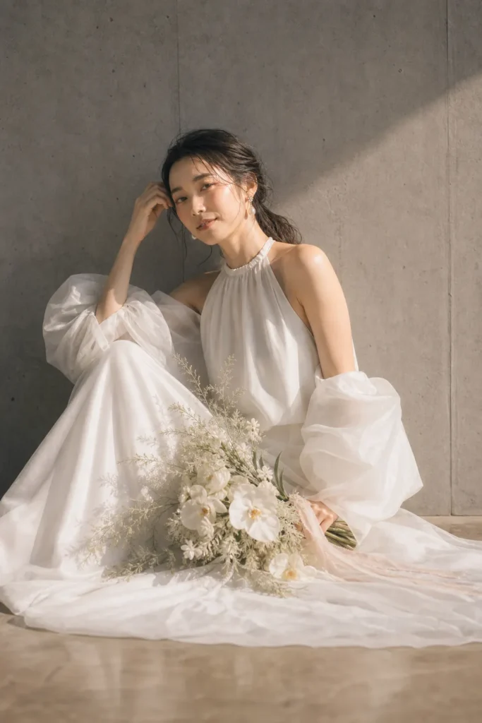 前撮り写真｜座る日本人花嫁のウェディングフォト