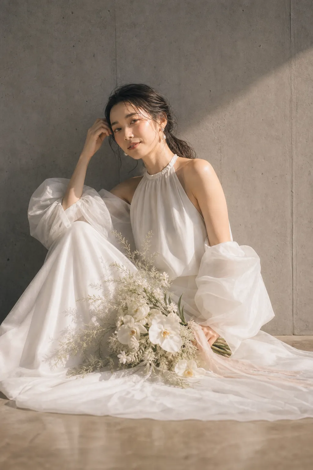 前撮り写真｜座る日本人花嫁のウェディングフォト