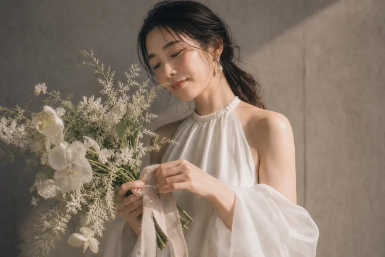 前撮り写真｜ブーケを持つ日本人花嫁のウェディングフォト