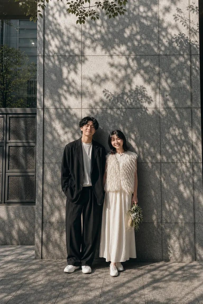 街で洗練された風景の新郎新婦ポートレート