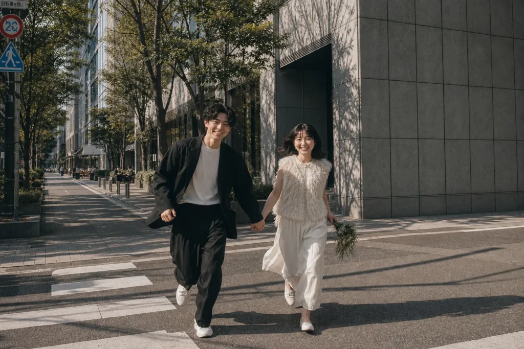 シティロケの走るカップルポートレート