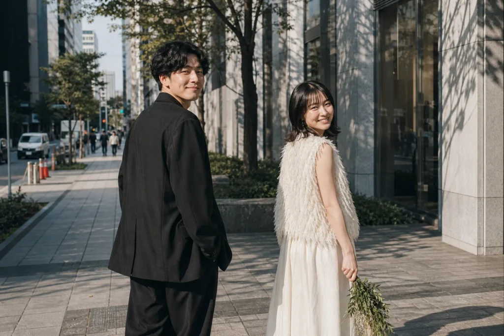 自然な新郎新婦振り返りウェディングフォト