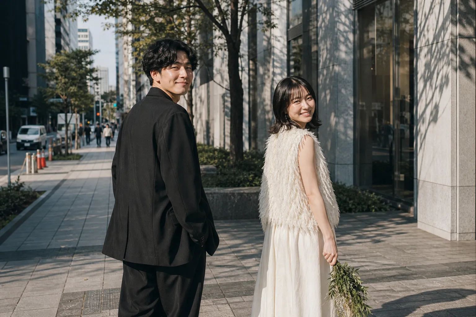 自然な新郎新婦振り返りウェディングフォト