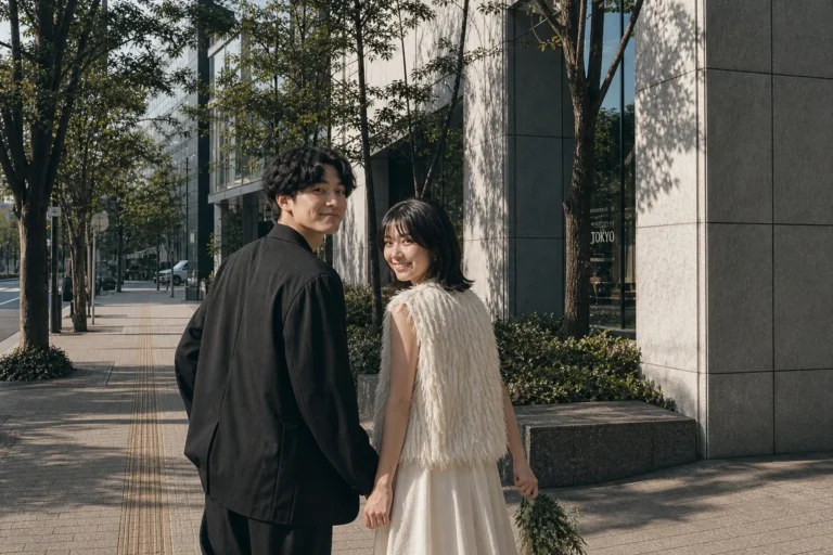 街中の新郎新婦が振り返ったウェディングポートレート