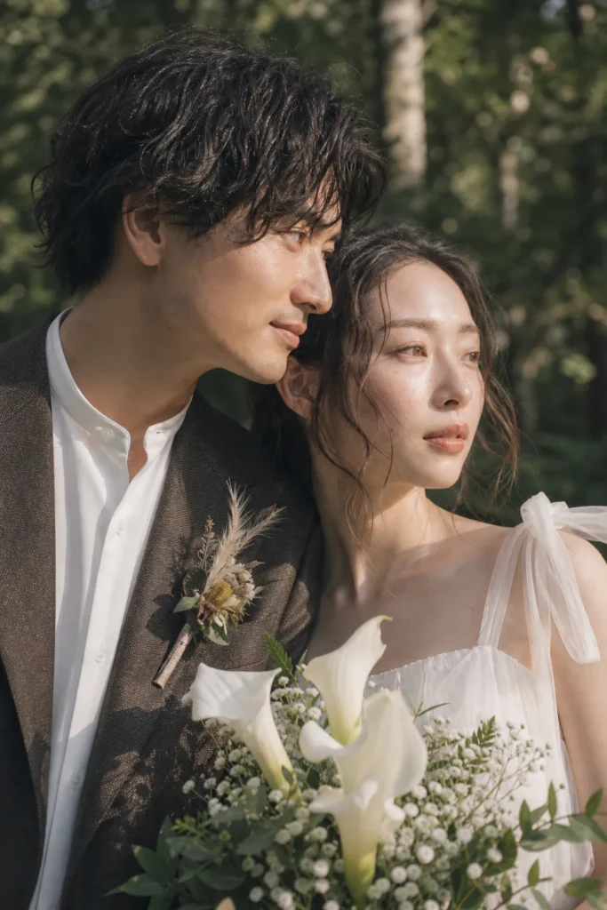 森の中の新郎新婦ウェディングポートレート