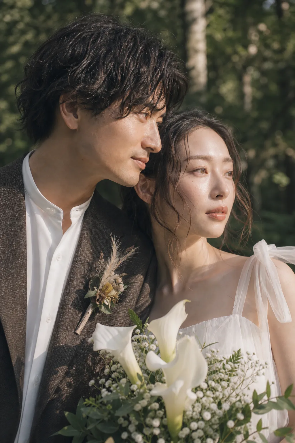 森の中の新郎新婦ウェディングポートレート