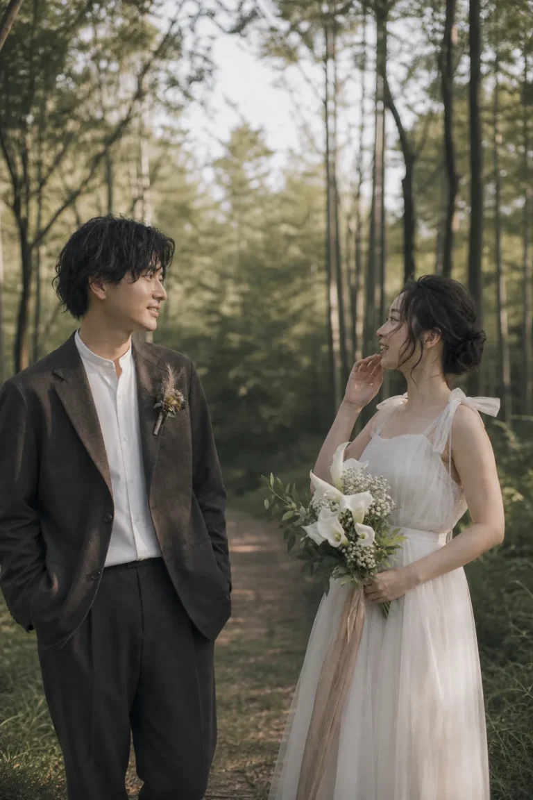 見つめ合う新郎新婦のウェディングフォト