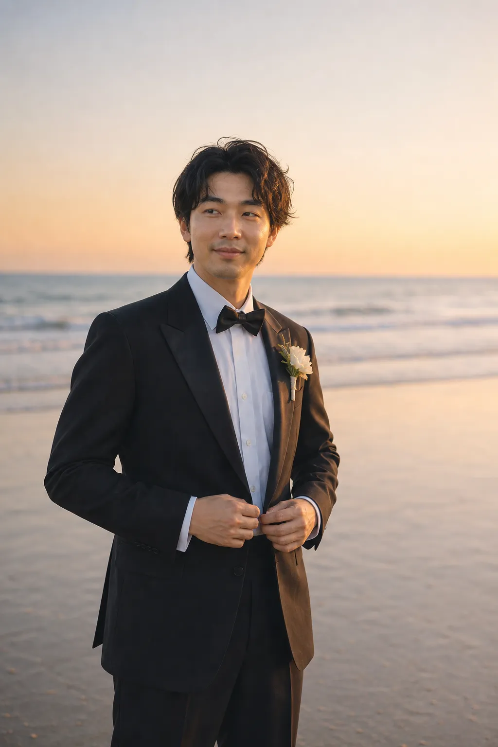 海辺で撮影した新郎ポートレート