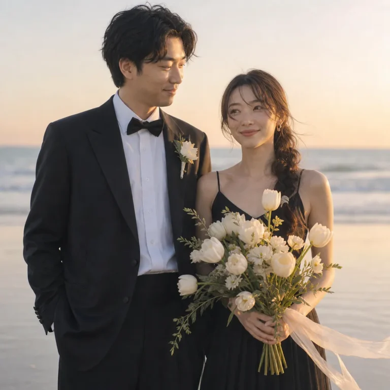 海辺の新郎新婦ウェディングポートレート