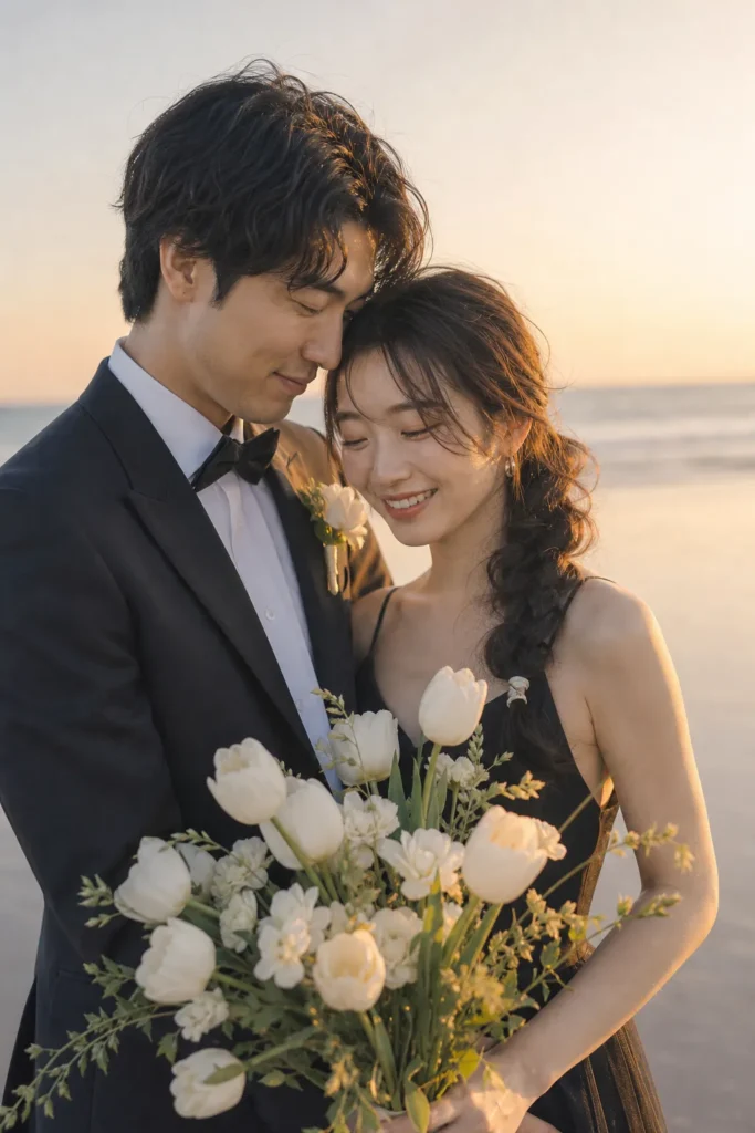 海辺の前撮りウェディングポートレート