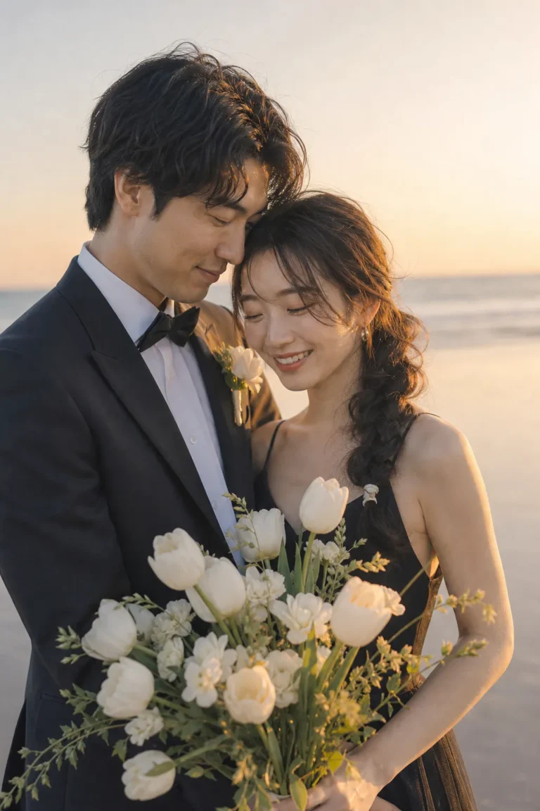 海辺の前撮りウェディングポートレート