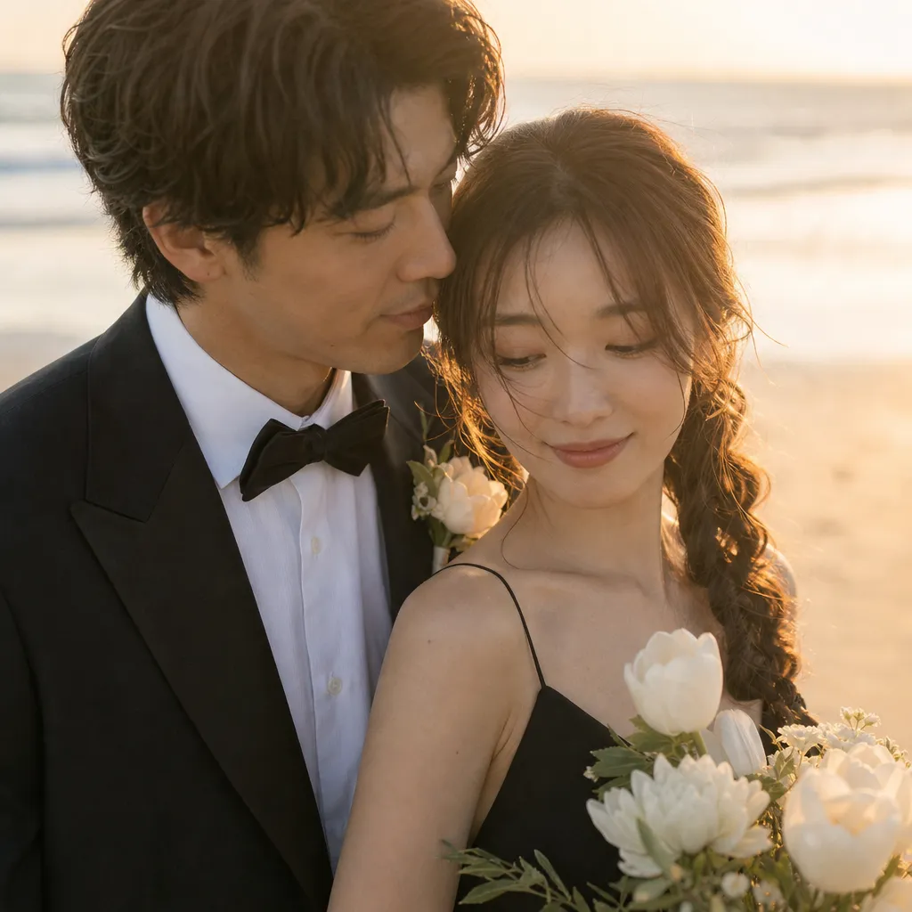 夕暮れの海辺ウェディングポートレート