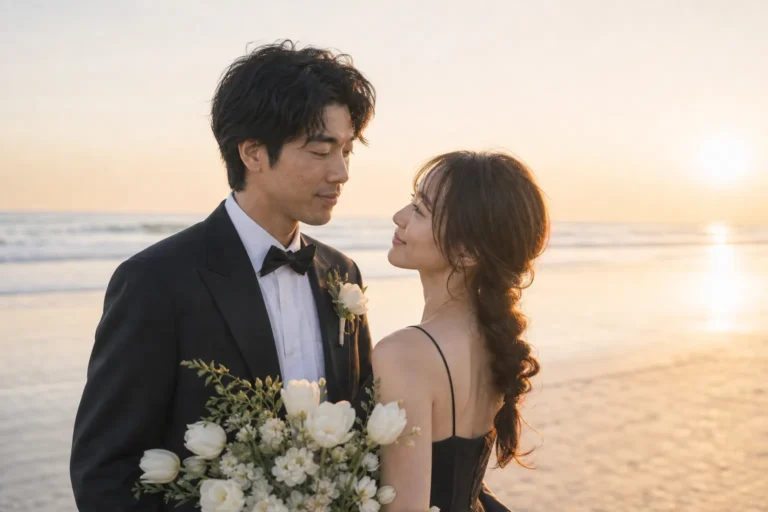 海辺で見つめ合う新郎新婦ウェディングフォト
