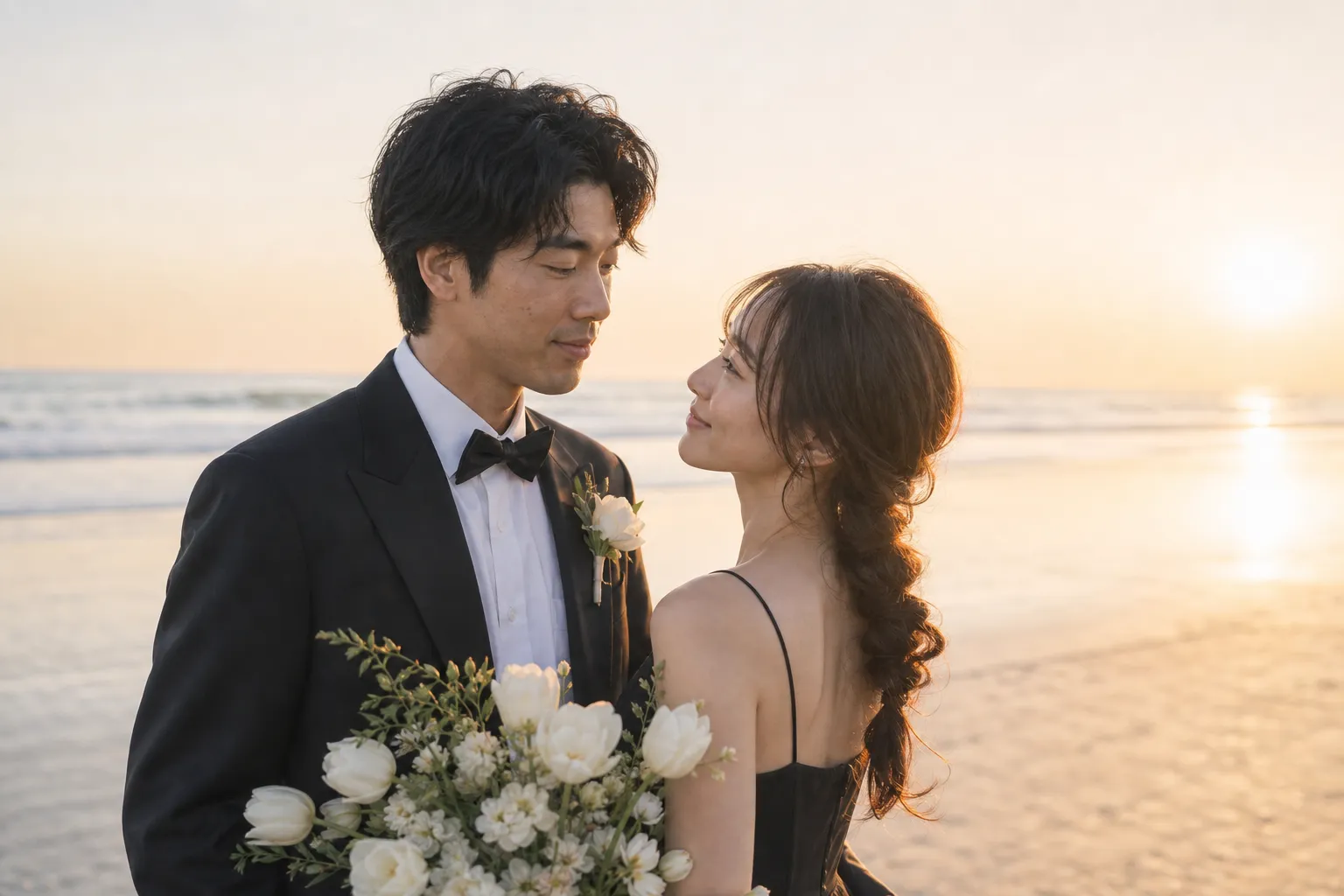 海辺で見つめ合う新郎新婦ウェディングフォト