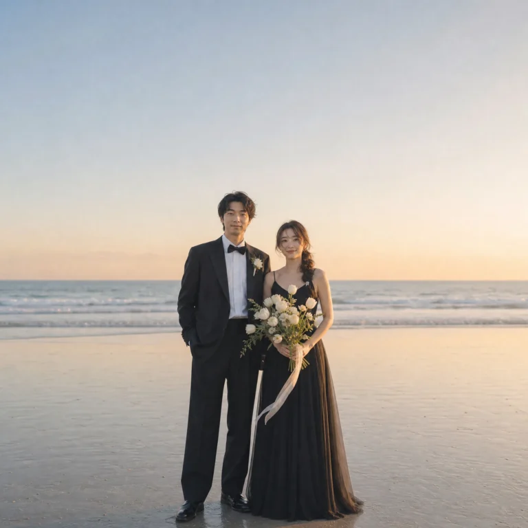 海ロケの前撮りウェディングポートレート