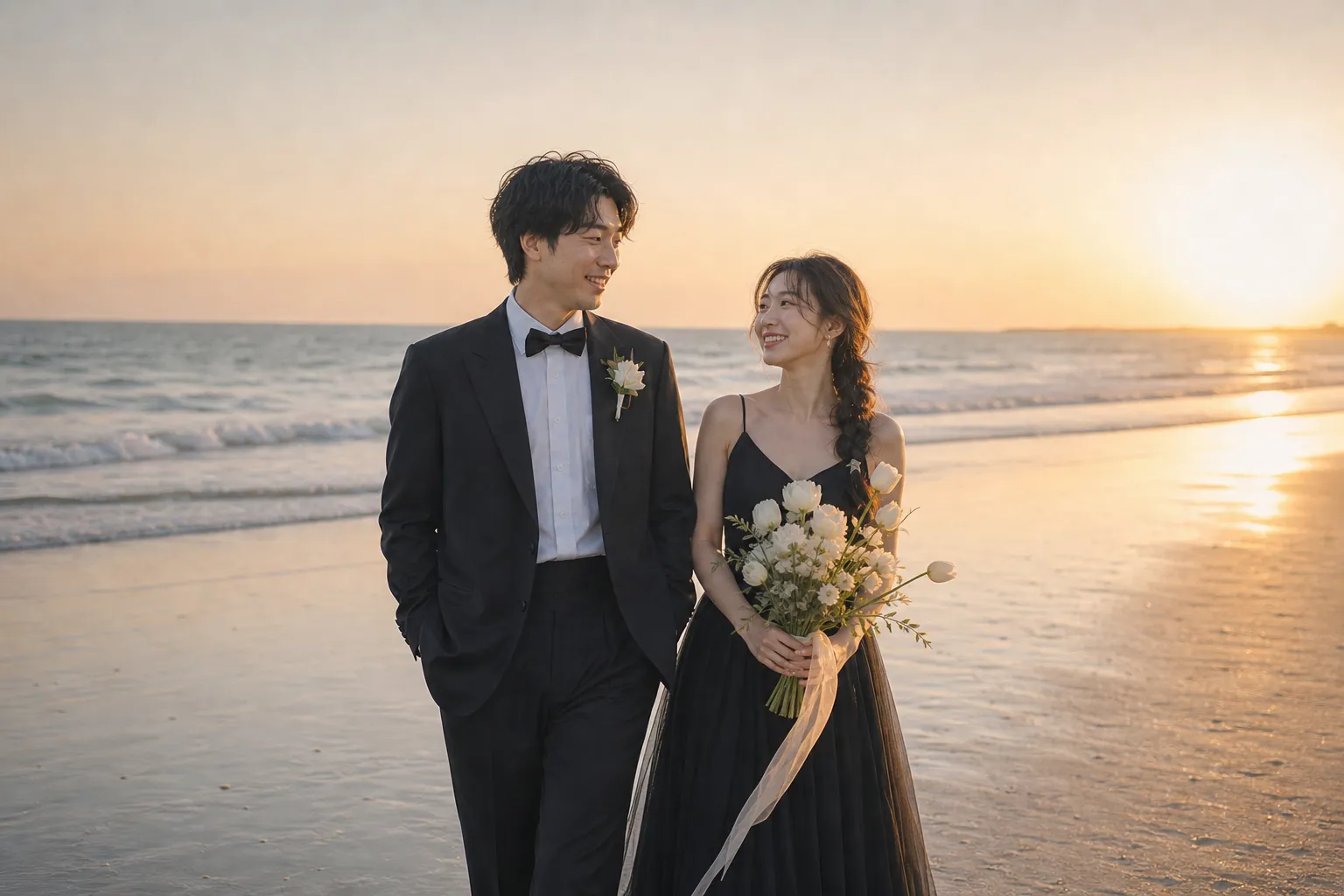 波打ち際の新郎新婦ウェディングポートレート