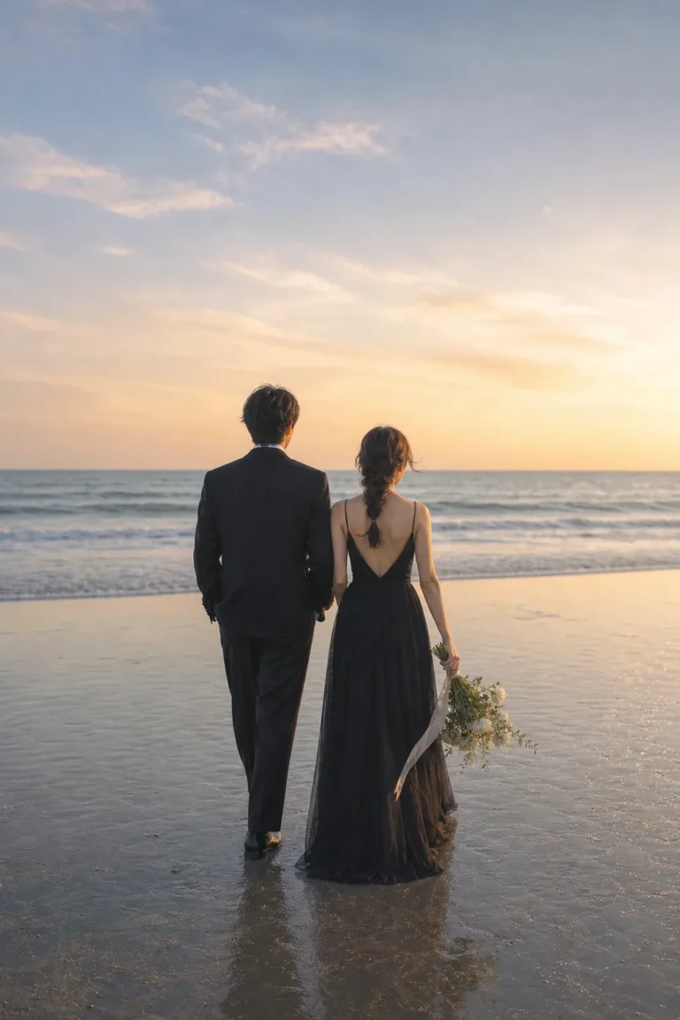 海辺で手をつなぐ新郎新婦ウェディングフォト