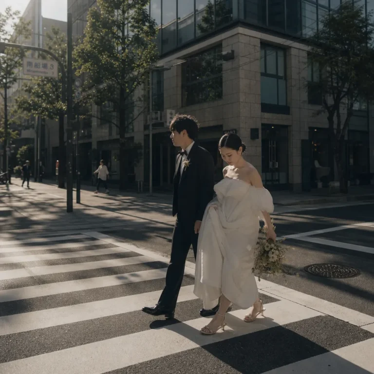 ウェディングフォト｜横断歩道で歩く新郎新婦の前撮り写真