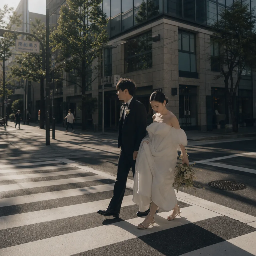 ウェディングフォト｜横断歩道で歩く新郎新婦の前撮り写真