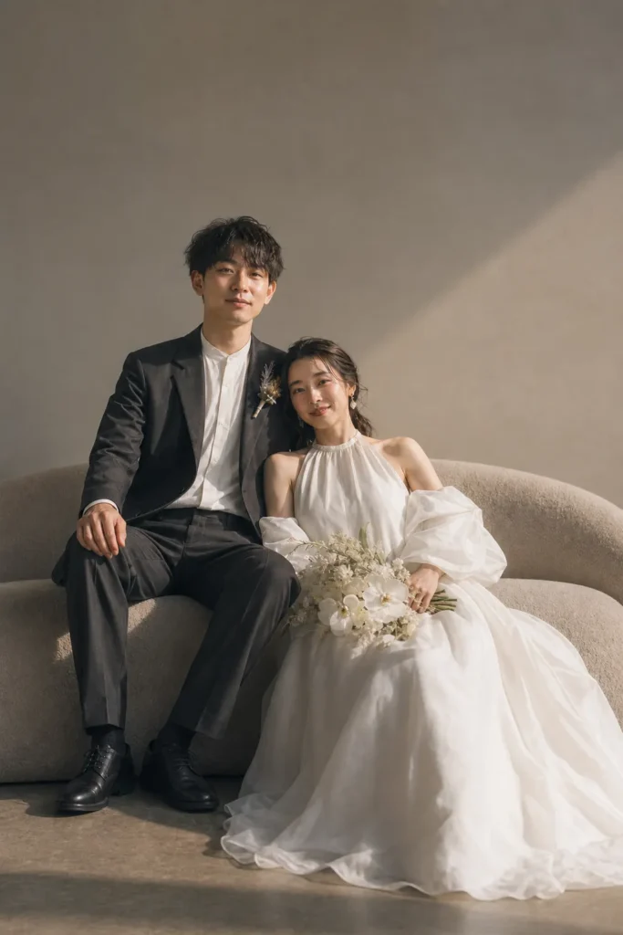 前撮り写真｜並んで立つ日本人新郎新婦のウェディングフォト