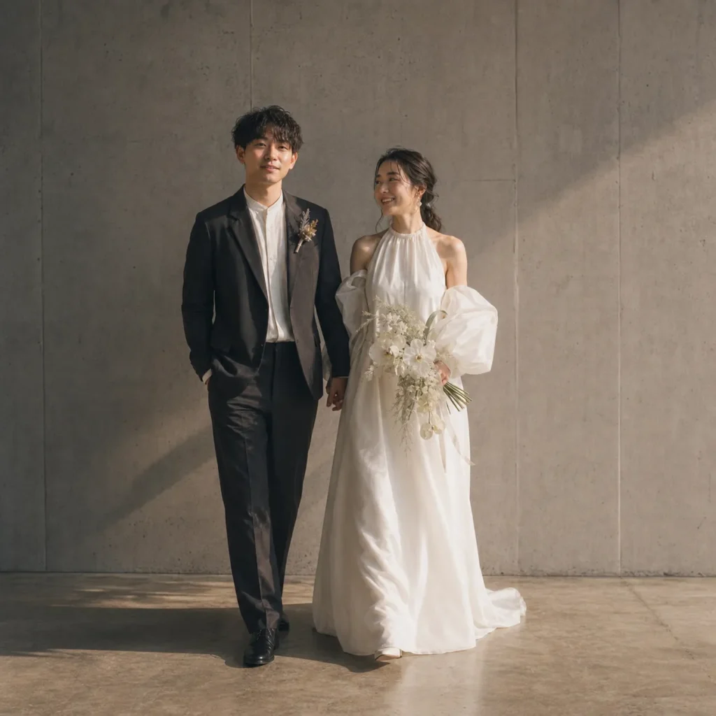 前撮り写真｜全身が映る日本人新郎新婦のウェディングフォト