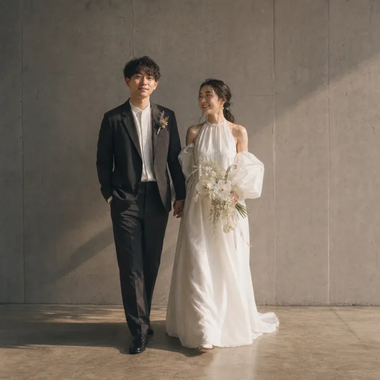 前撮り写真｜全身が映る日本人新郎新婦のウェディングフォト