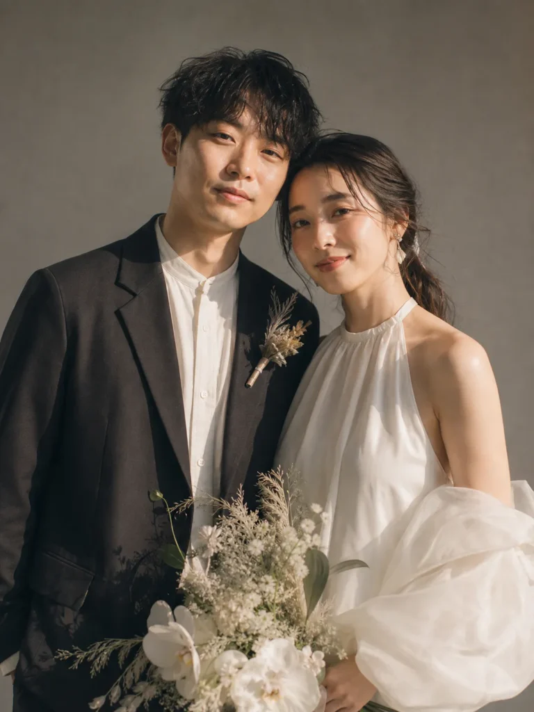 前撮り写真｜寄り添う日本人新郎新婦のウェディングフォト
