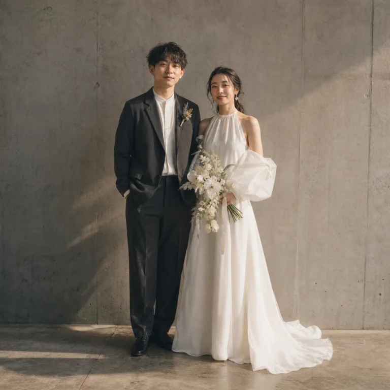 前撮り写真｜並んで立つ日本人新郎新婦のウェディングフォト