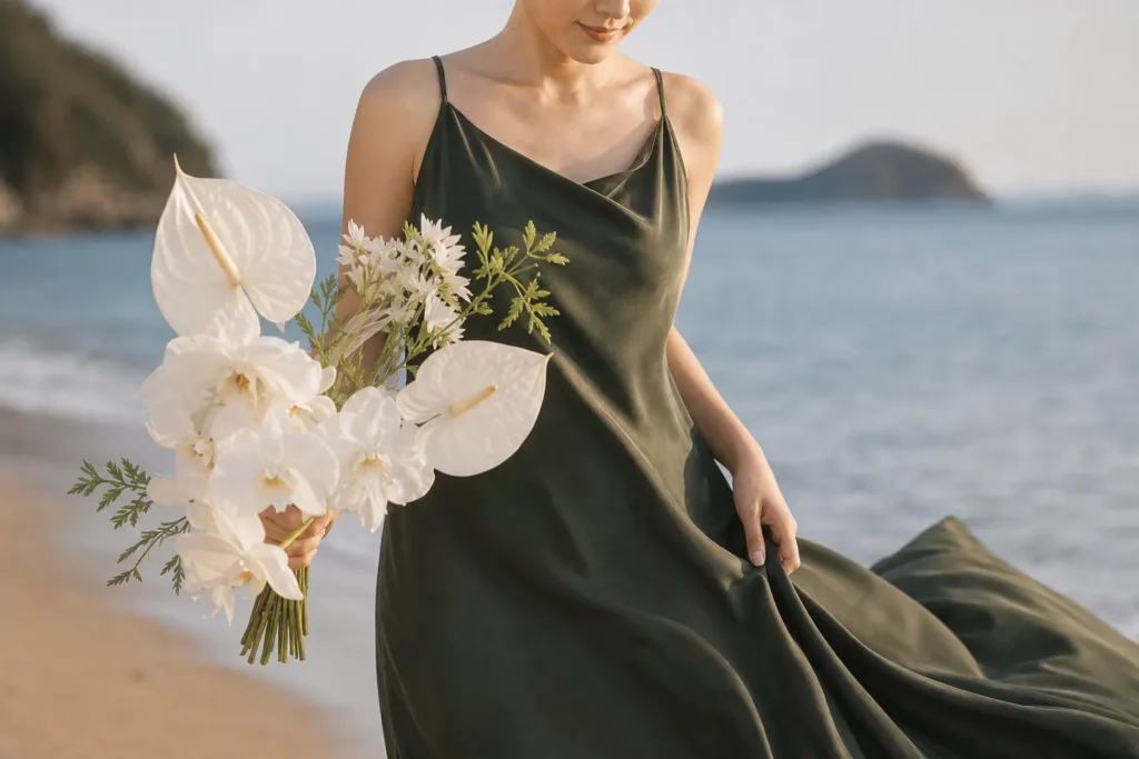 ドレス写真｜海辺でなびくグリーンドレスのディテール