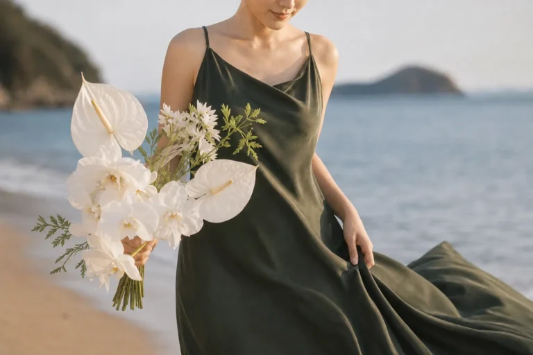 ドレス写真｜海辺でなびくグリーンドレスのディテール