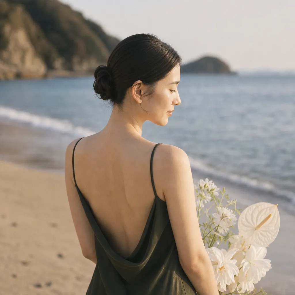 ドレス写真｜バックスタイルが美しいグリーンドレスの花嫁