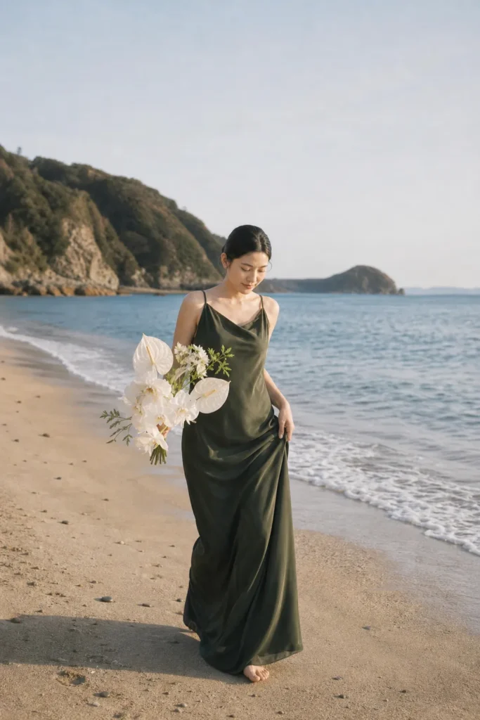 前撮り写真｜グリーンドレス姿の日本人花嫁ポートレート