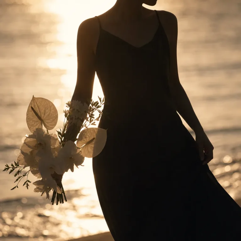ドレス写真｜夕景の海辺に立つグリーンドレスの花嫁
