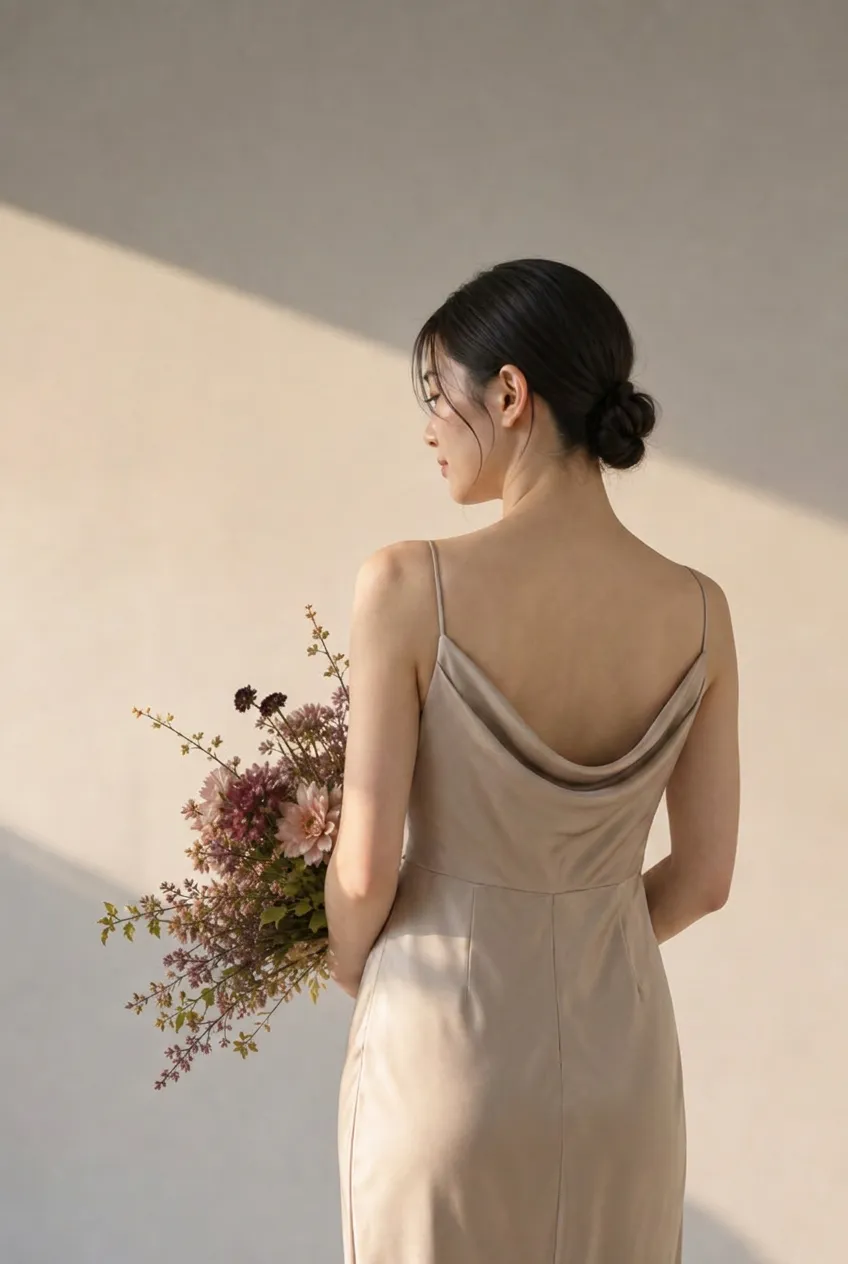 ドレス写真｜グレージュドレスのバックスタイル