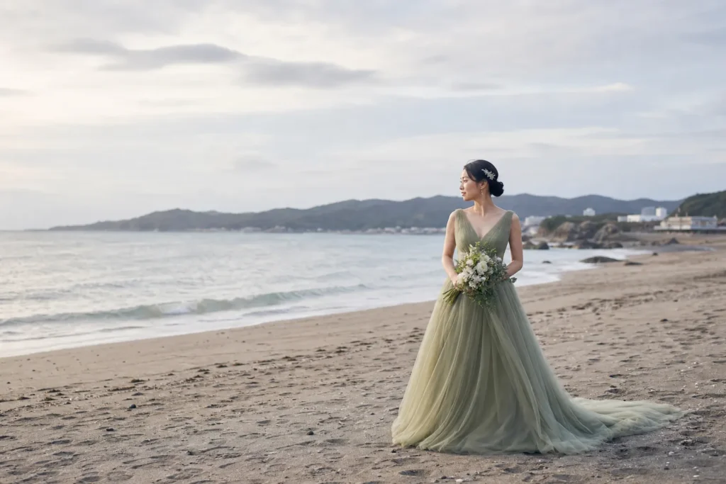 前撮り写真｜海辺に立つ日本人花嫁のウェディングフォト