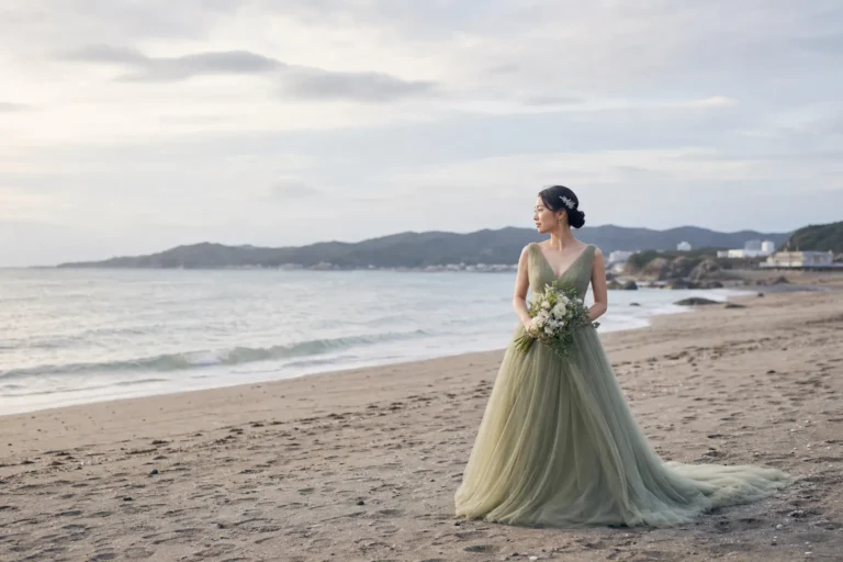 前撮り写真｜海辺に立つ日本人花嫁のウェディングフォト