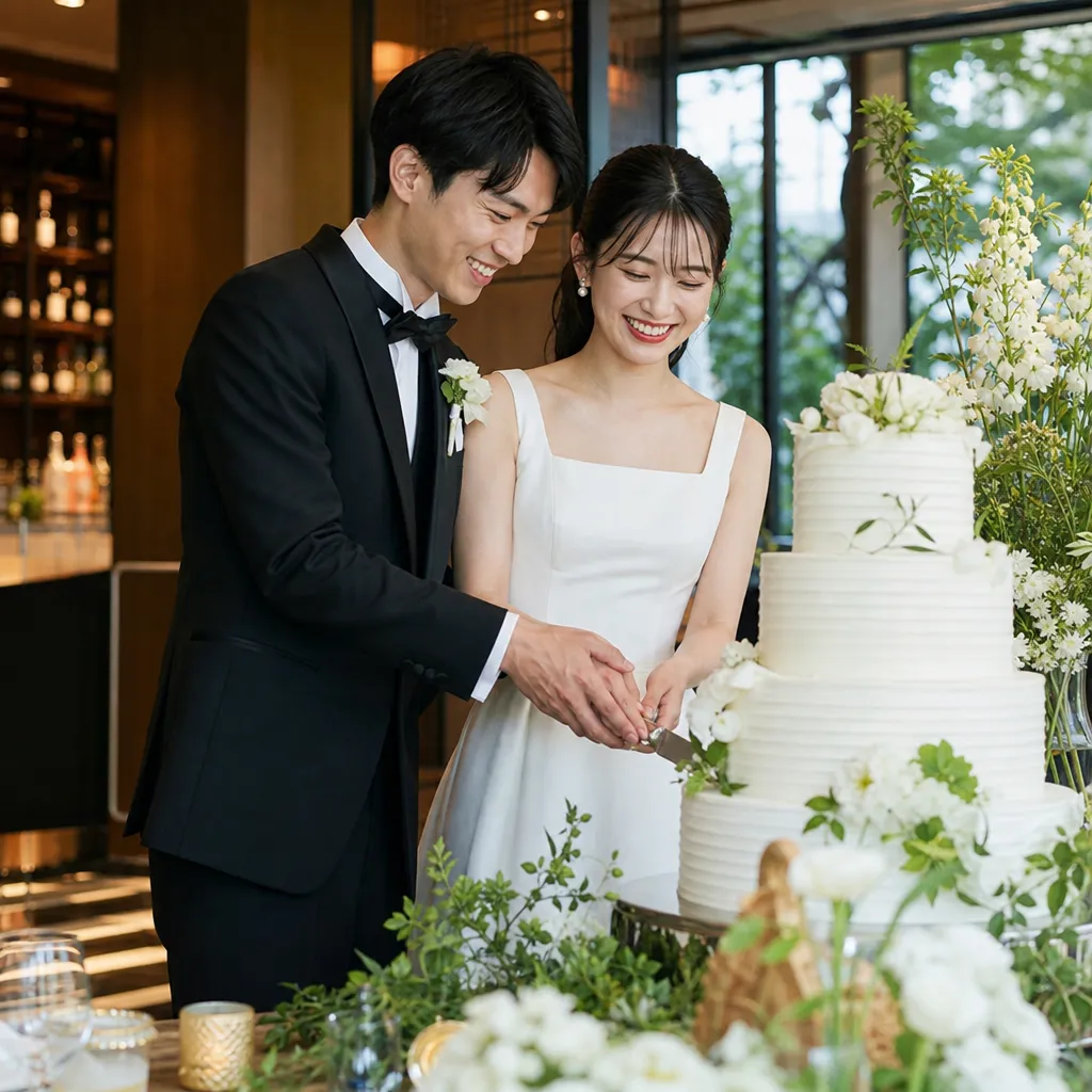 結婚式写真｜ケーキ入刀をする日本人新郎新婦