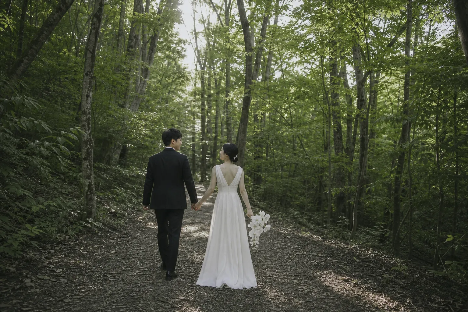 前撮り写真｜森の中を歩く日本人新郎新婦の後ろ姿
