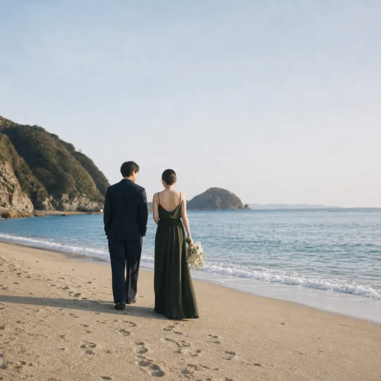 前撮り写真｜海辺を歩く後ろ姿の日本人新郎新婦