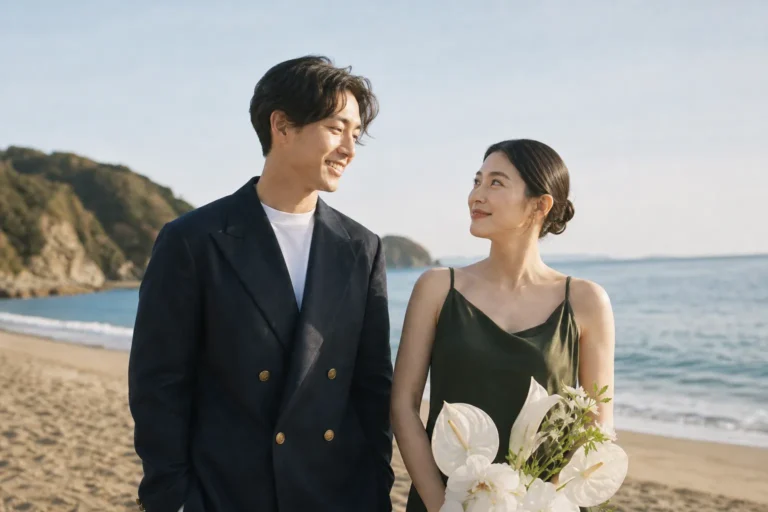前撮り写真｜見つめ合う日本人新郎新婦の海ロケウェディングフォト