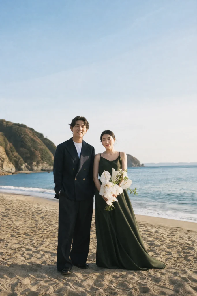 前撮り写真｜海辺で並んで立つ日本人新郎新婦のウェディングフォト