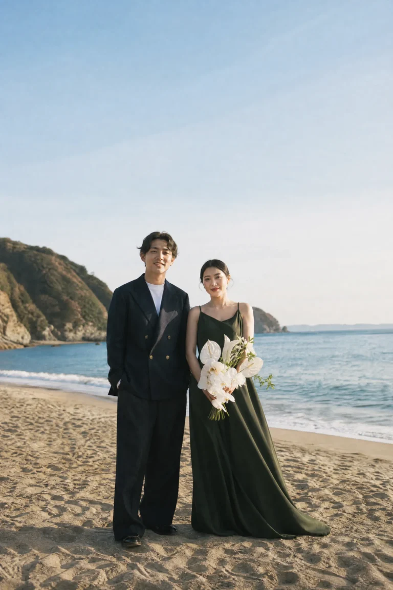前撮り写真｜海辺で並んで立つ日本人新郎新婦のウェディングフォト