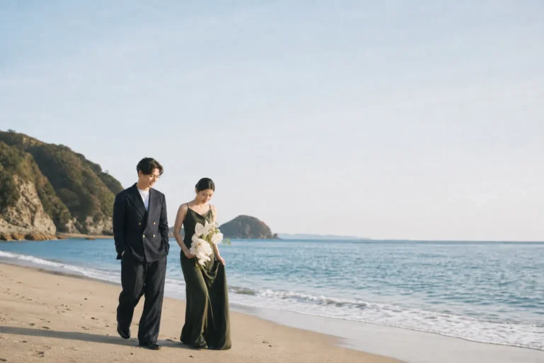前撮り写真｜海辺を歩く日本人新郎新婦のウェディングフォト