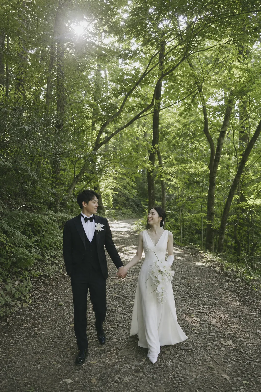 前撮り写真｜森の小道を歩く日本人新郎新婦