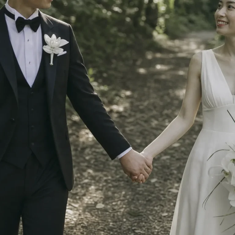前撮り写真｜手をつなぐ日本人新郎新婦