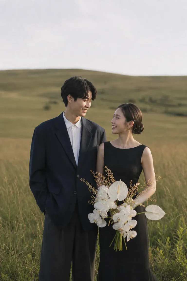 前撮り写真｜見つめ合う日本人新郎新婦の草原ウェディングフォト
