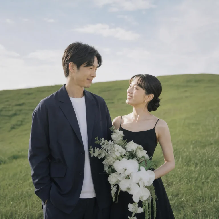 前撮り写真｜草原に立つ日本人新郎新婦のウェディングフォト