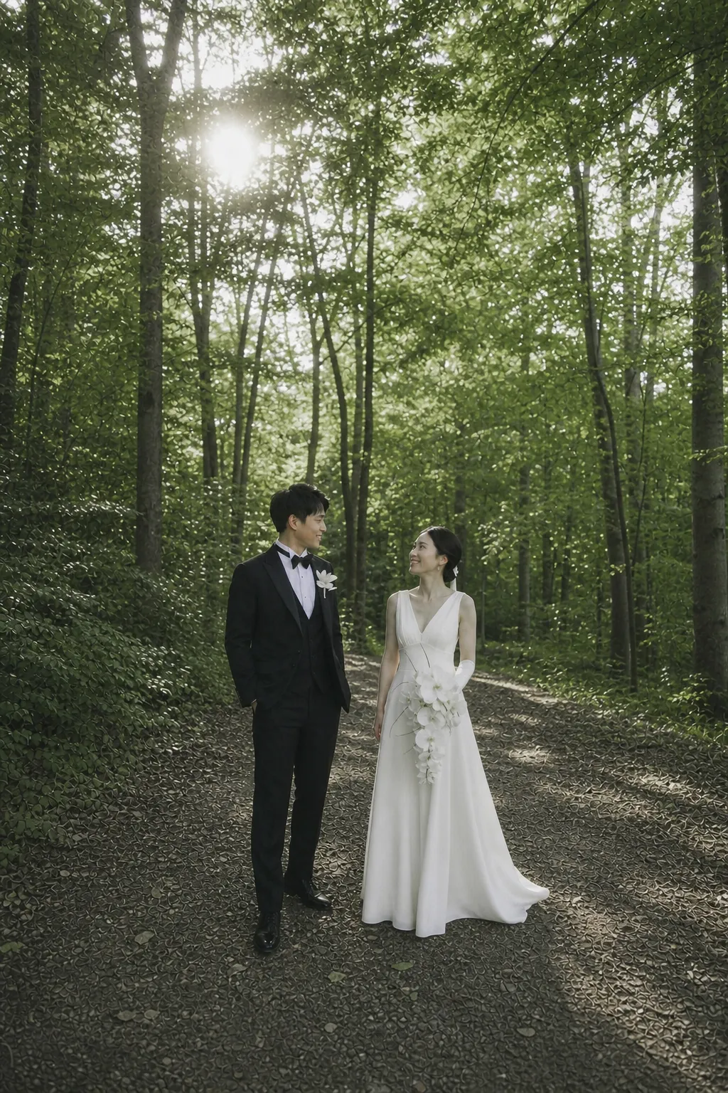 前撮り写真｜森の中で向かい合う日本人新郎新婦