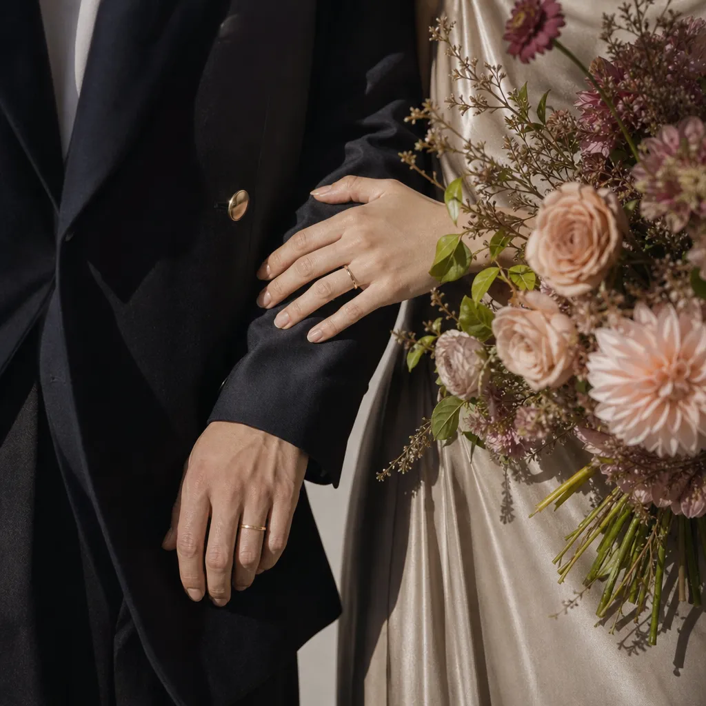 前撮り写真｜ブーケを持つ日本人新郎新婦のディテール