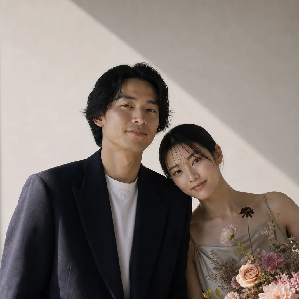 前撮り写真｜寄り添う日本人新郎新婦のスタジオフォト